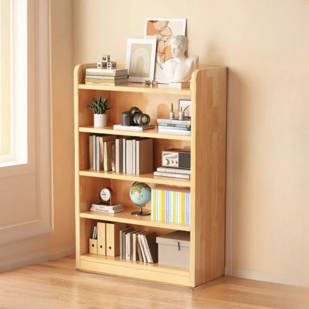 Narrow Vertical Modern Wooden Bookcase in Natural Finish