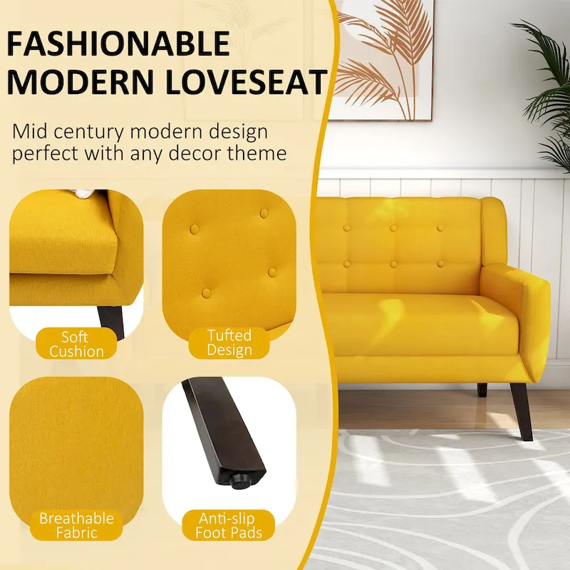 Tufted Linen/Cotton 2-Seater Sofa with Pillows