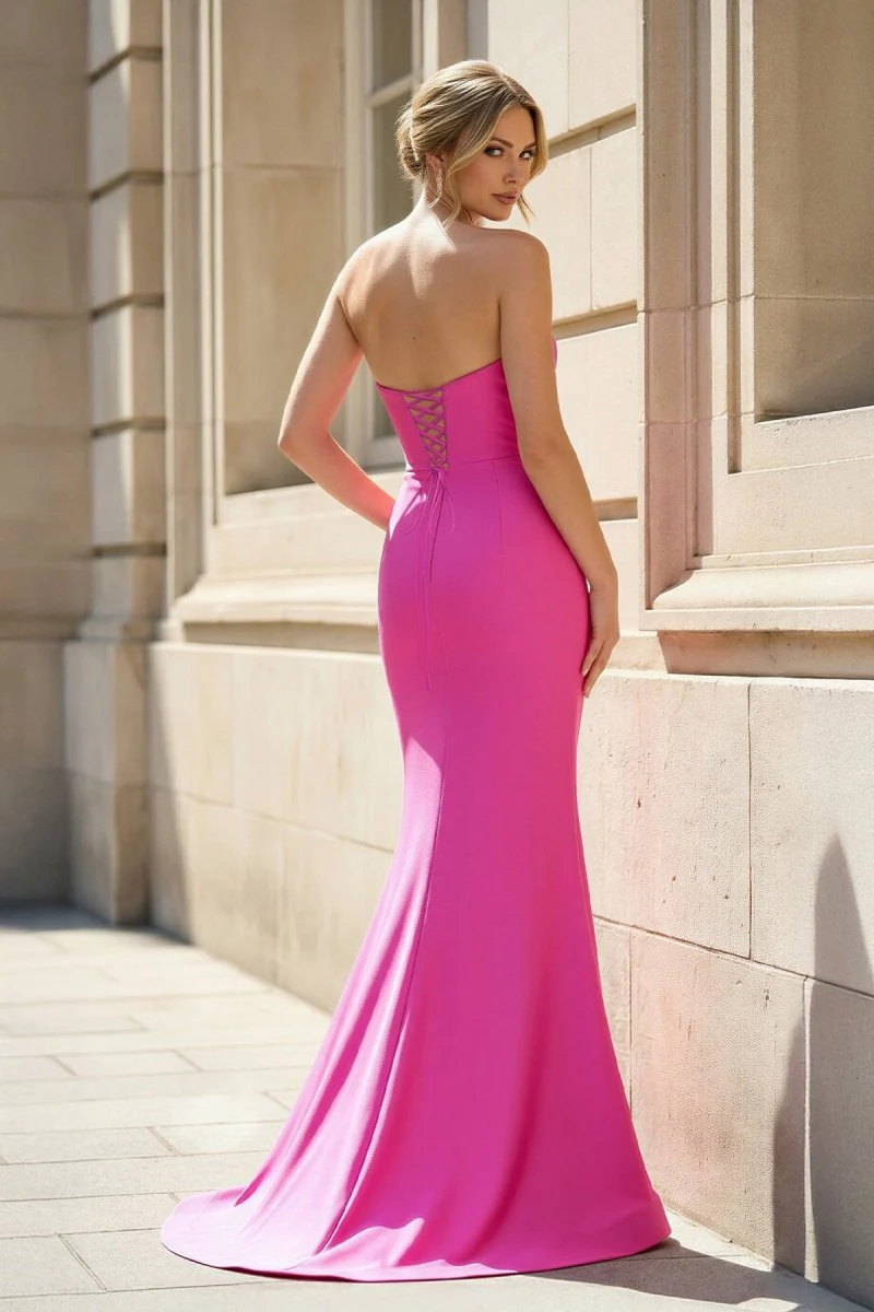 Fuchsia Strapless Mermaid Satin Long Prom Dresses With Beading