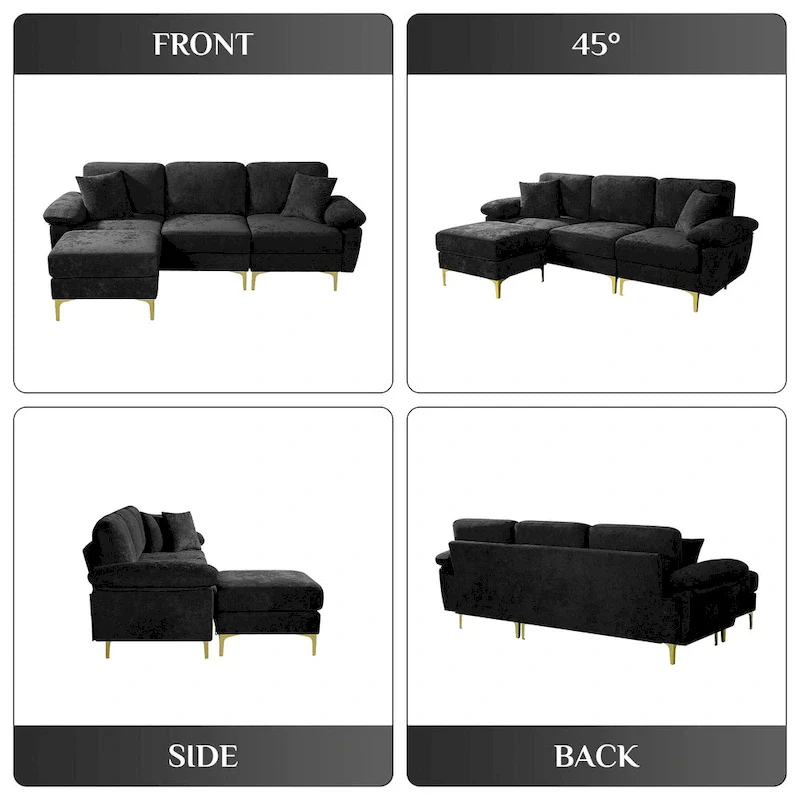 Upholstered Velvet Sectional Sofa with Pillows & Ottoman