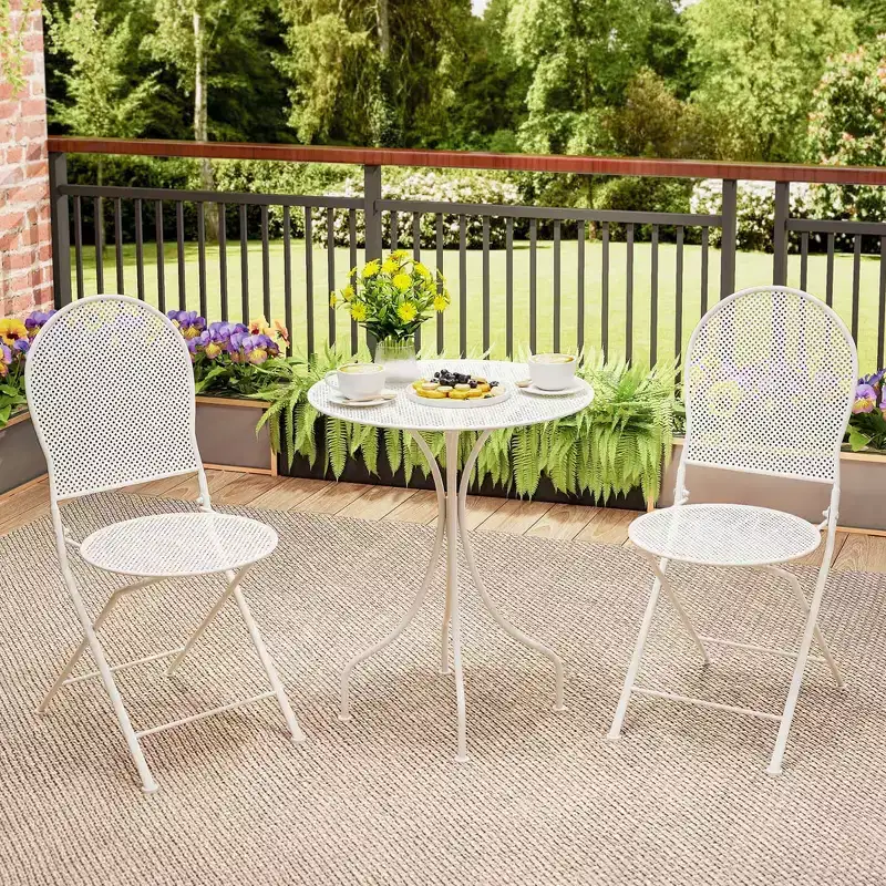 Costway 3 PCS Metal Bistro Set Round Table & 2 Folding Chairs with Rattan-Like Pattern Black/White