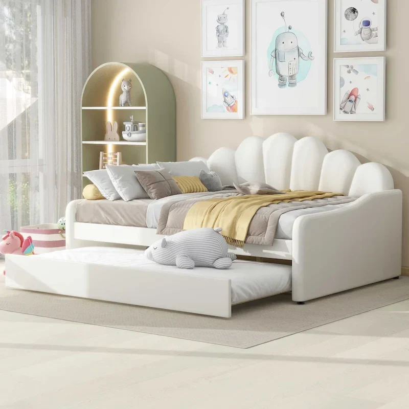 Full Size Upholstery Daybed Frame with Shall Shaped Backrest and Trundle,White