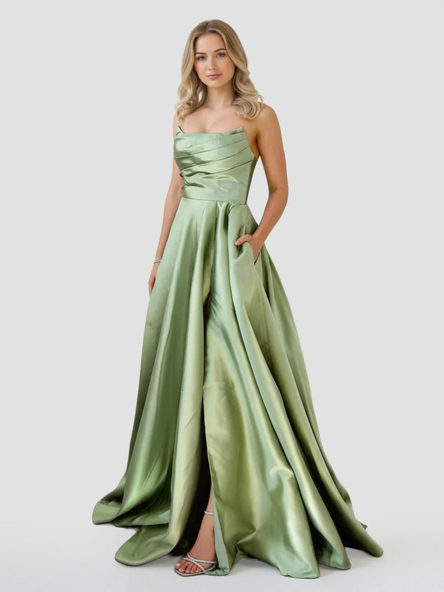 Strapless Sage Green Satin A-line Long Prom Dress With Slit