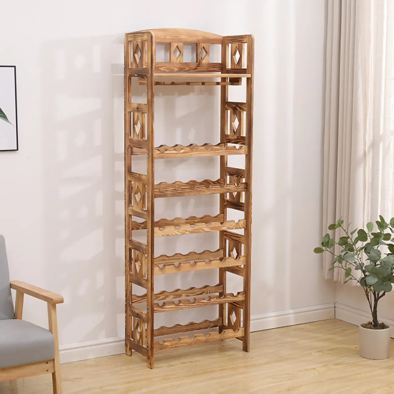 Free Standing Pine Wood Wine Racks with Bar Glass Holder Shelf