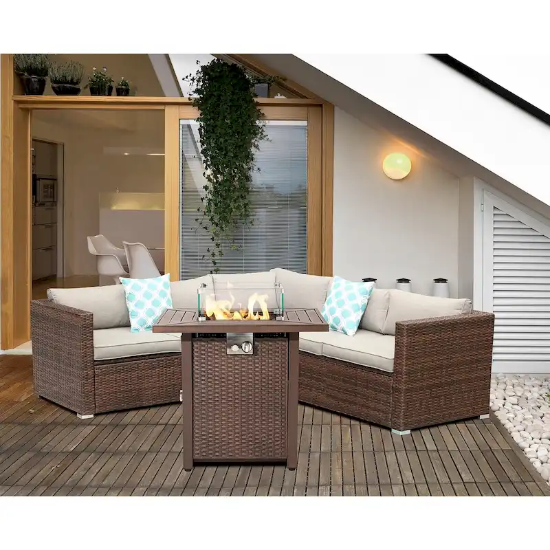COSIEST 4-Piece Outdoor Patio Funiture Wicker Setional Set with Metal Fire Table