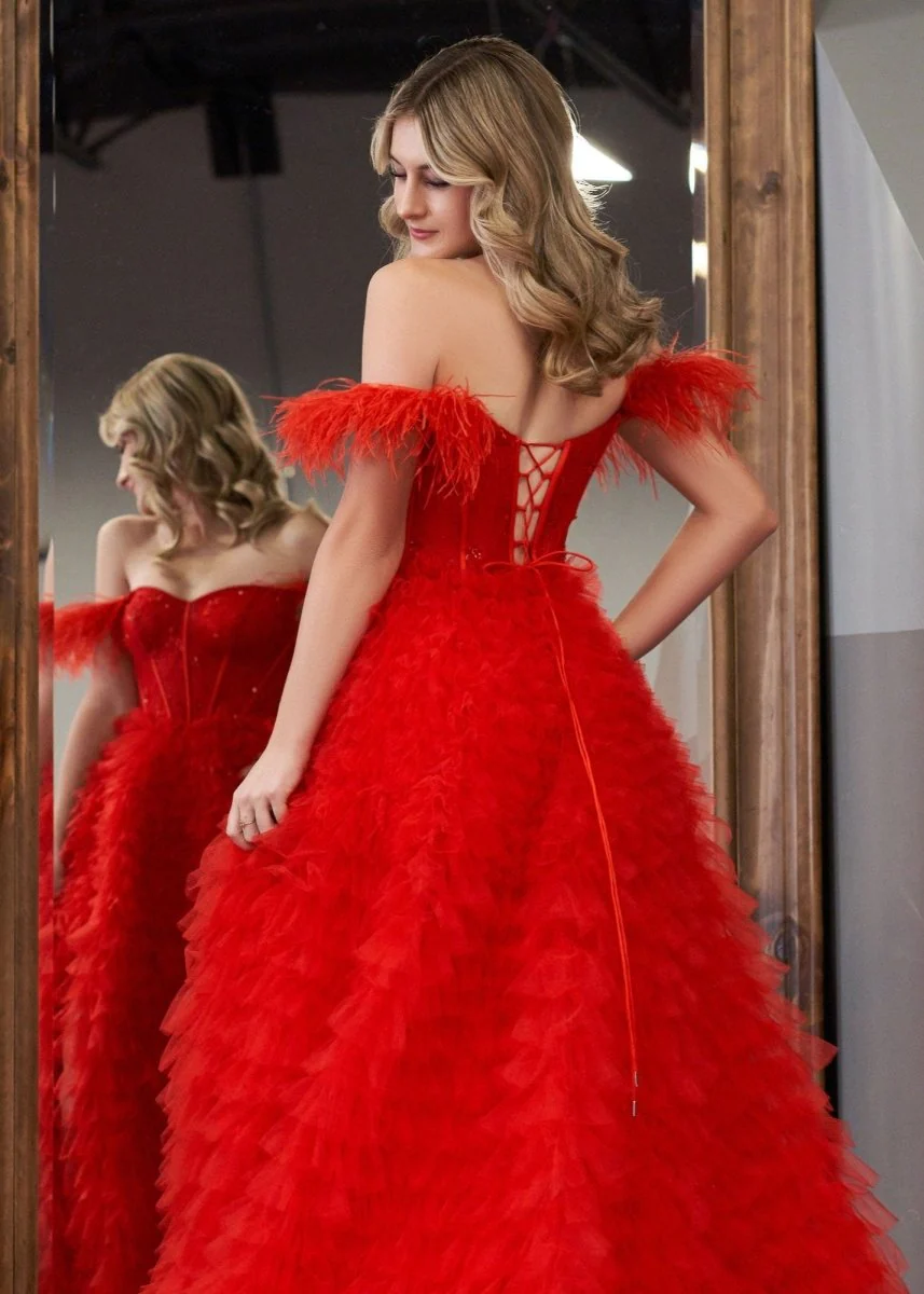 A Line Sweetheart Tiered Tulle Long Prom Dress With Slit