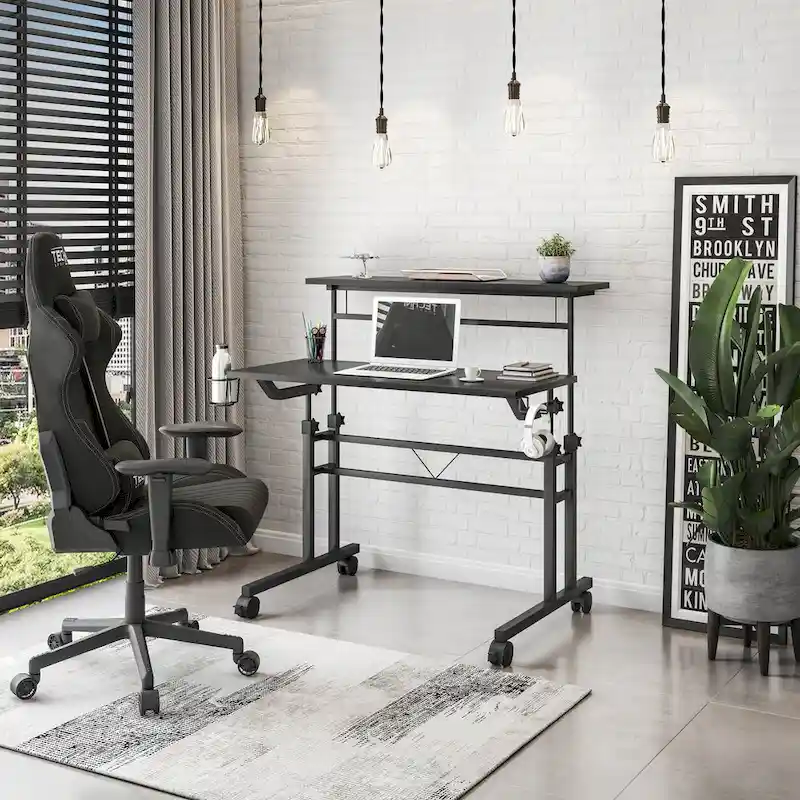 Black Rolling Writing Desk with Height-Adjustable Desktop, Single User