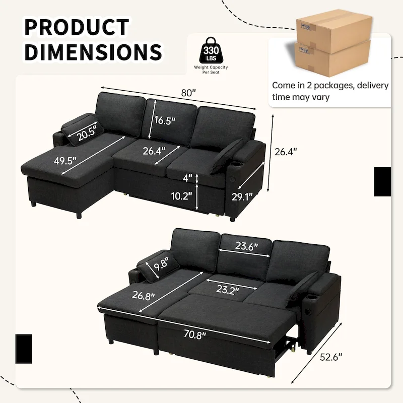 80 L-Shaped Sofa Couch Bed, Sofa Sleeper with Pull Out Bed, Reversible Sleeper Sofa Bed