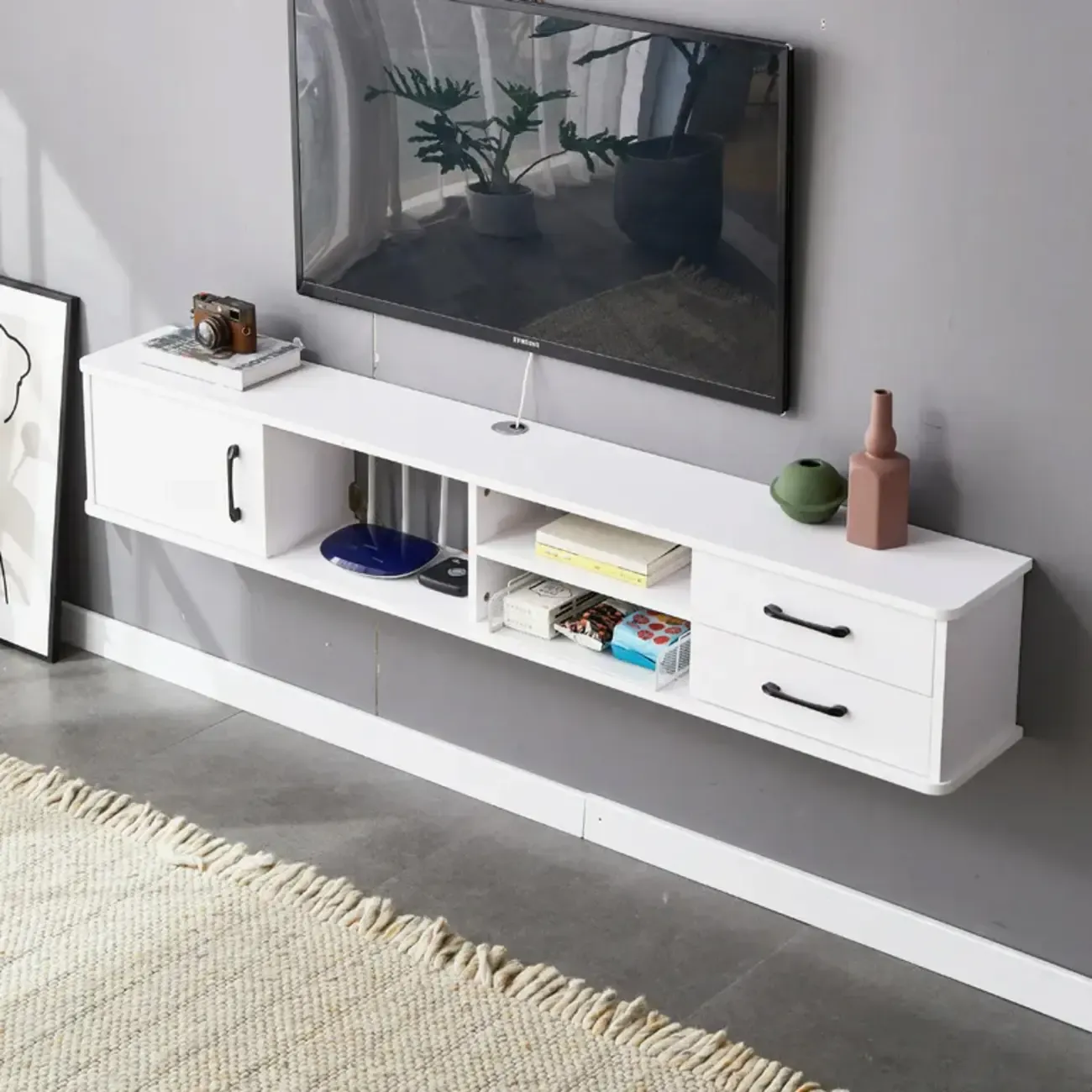 59 Grey Wooden Open Shelf Floating TV Stand with Drawers