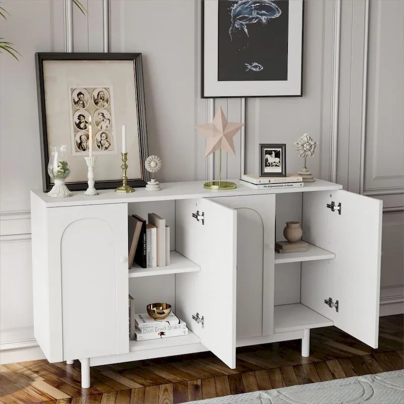Stylish and Functional 4-Door Intaglio Storage Cabinet with Pine Legs, Solid Wood Pulls and MDF
