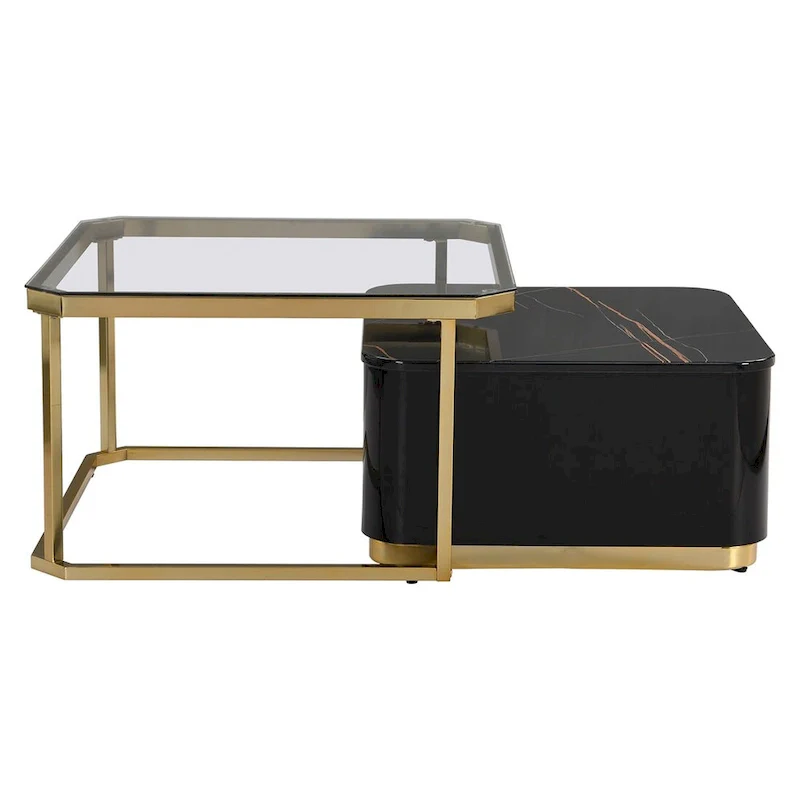 2 Pieces Nesting Coffee Table w/ Drawers & Electroplated Gold Legs