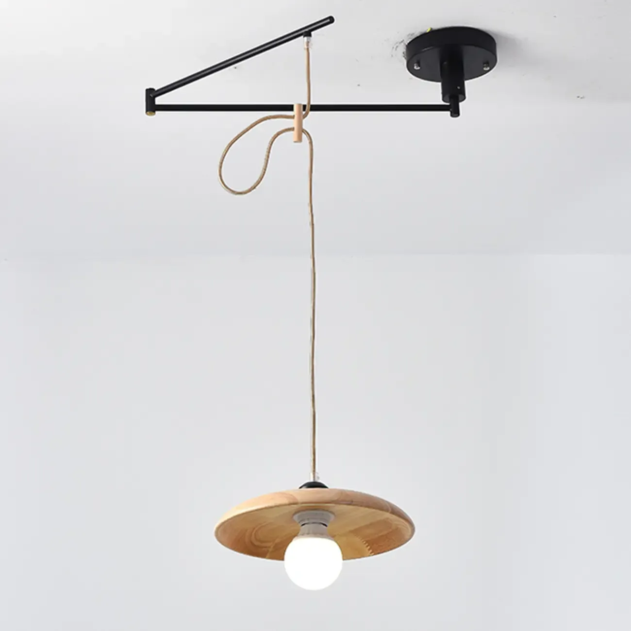 Modern Flexible Round Pendant Light in Solid Wood and Metal