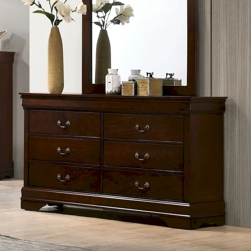 Black / Cherry / Grey Transitional 6-Drawer Wood Dresser with Bracket Feet & Dovetail Drawers, 58 Inch