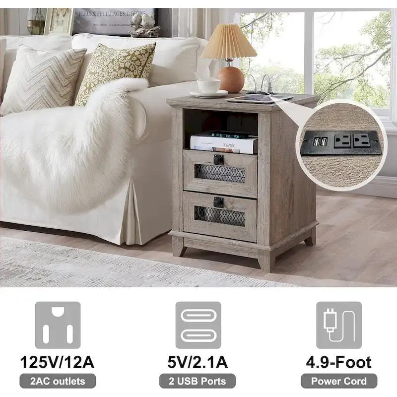Farmhouse Nightstand with Charging Station, End Table, Side Table