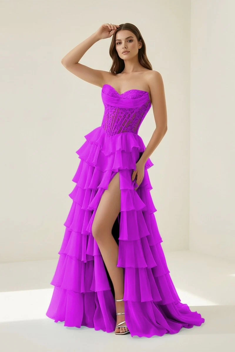 Magenta - Strapless A Line Chiffon Ruffled Prom Dresses With Appliques