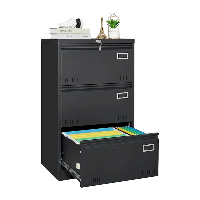 Black Locking Metal File Cabinets with Three Drawer, Lock and Key