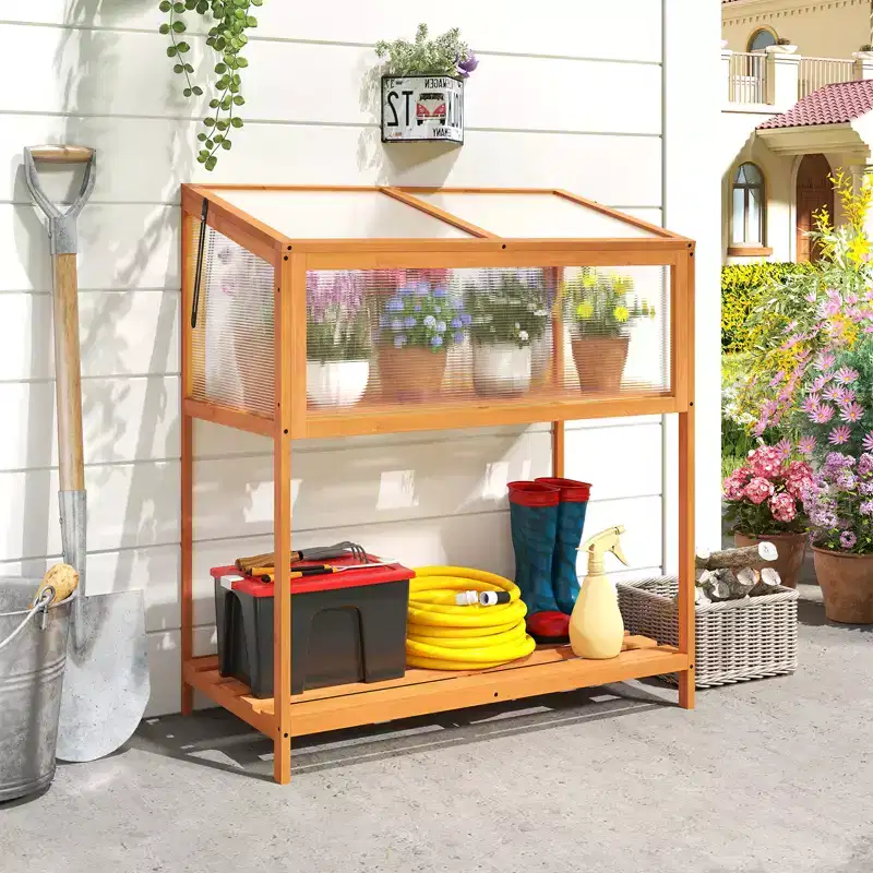 Costway Wood Cold Frame Greenhouse w/Transparent Openable Roof & Slatted Storage Shelf