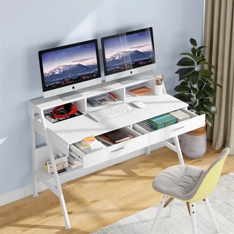 White Single-Person Computer Desk with Monitor Riser, Drawers & Shelf