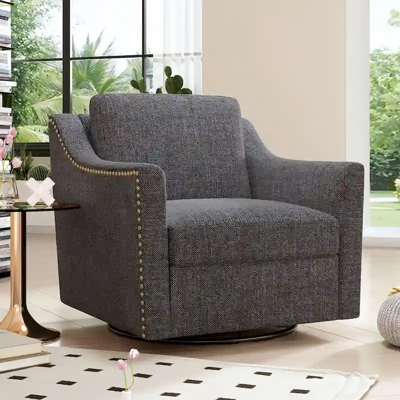 Smoke / White / Grey Swivel Barrel Accent Chair, Cotton Linen, Brass Nail Trim, Black Legs, Single