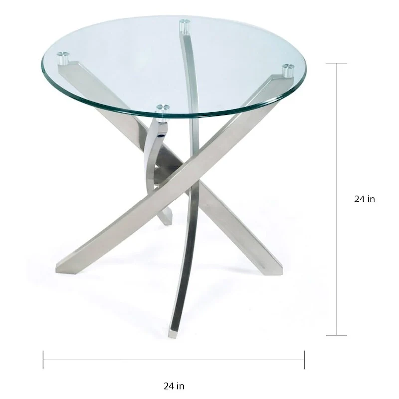 Contemporary Brushed Nickel Round End Table with Glass Top