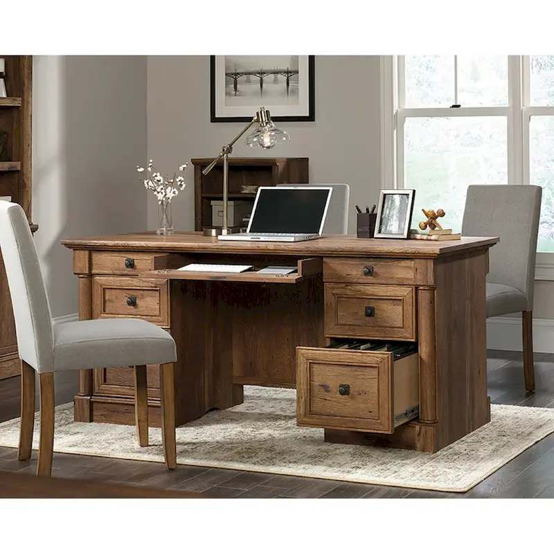 Vintage Oak Executive Desk with Keyboard Shelf and File Drawers