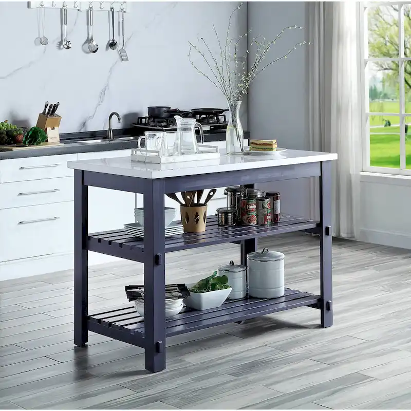 Enapay Marble Top Top & Gray Finish Kitchen Island(no include stool)