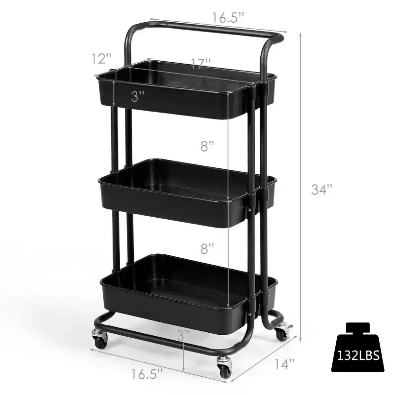 Costway 3 Tier Rolling Cart W/Wheels Practical Handle&ABS Storage Basket Organizer Black