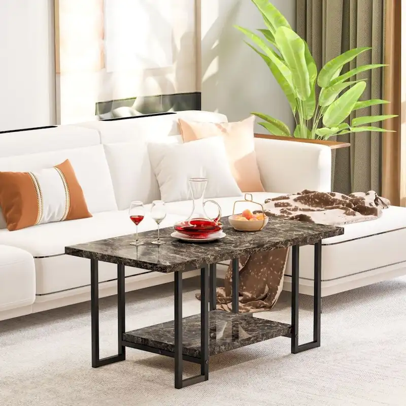 Mieres 39 Wide 2-Tier Faux Marble Top Coffee Table with Steel Frame