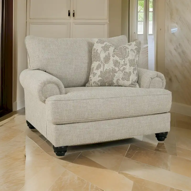 51 Inch Wide Oversized Chair with 1 Pillow, Rolled Arms, Beige Polyester