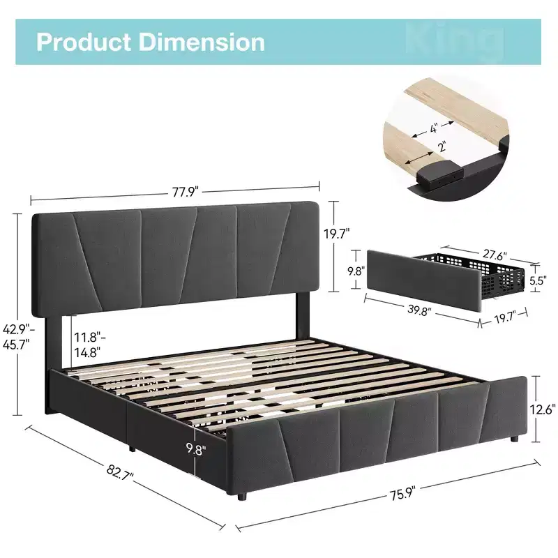 King Bed Frame, Platform Bed with Adjustable Headboard - 4 Storage Drawers, Velvet Upholstered Tufted, No Box Spring Needed, Grey