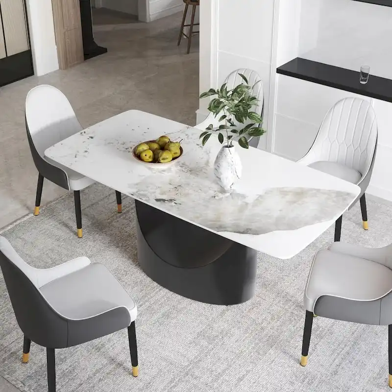 71  Black Marble Sintered Stone Table Top,Rectangle Dining Room Table with Unique U-Shape Black Carbon Steel Pedestal