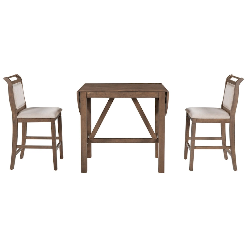Rustic Style Wooden 3-Piece Dining Table Set with Drop Leaf and 2 Upholstered Dining Chairs