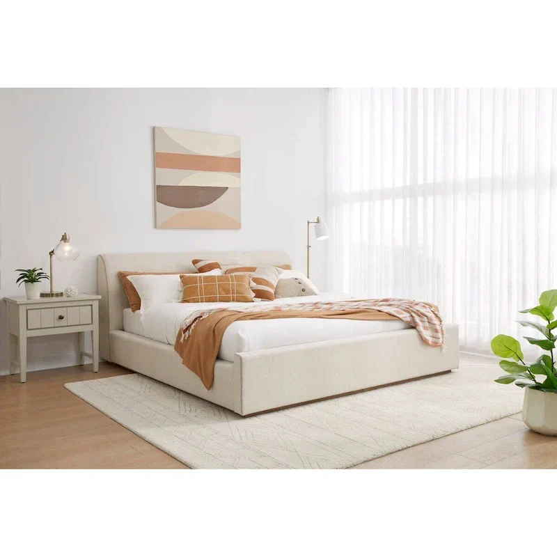 Natural Linen Upholstered Platform Bed - Queen Size