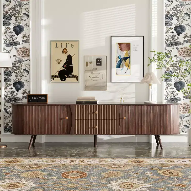 GDFStudio Micah 70 Mid Century Modern TV Stand with Tambour Doors & Fluted Drawers