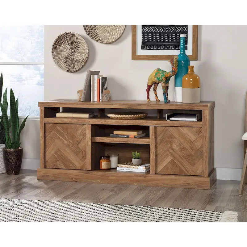 TV Credenza with Herringbone Doors & Adjustable Shelves – Mystic Oak / Sindoori Mango, Modern Style