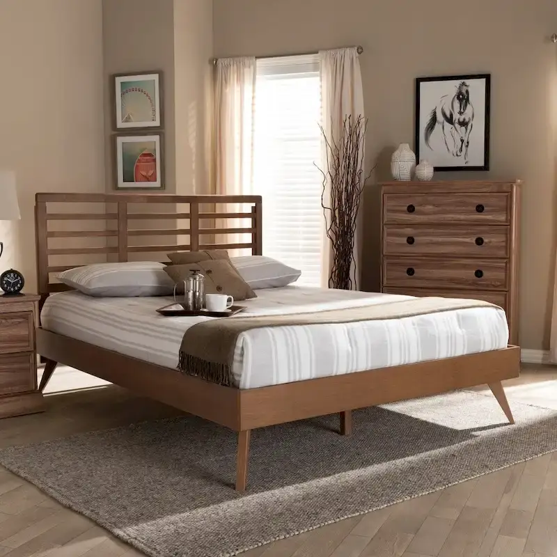 Walnut Rubberwood Mid-Century Modern Platform Bed – Full / Queen / King, Sleeps 1–2