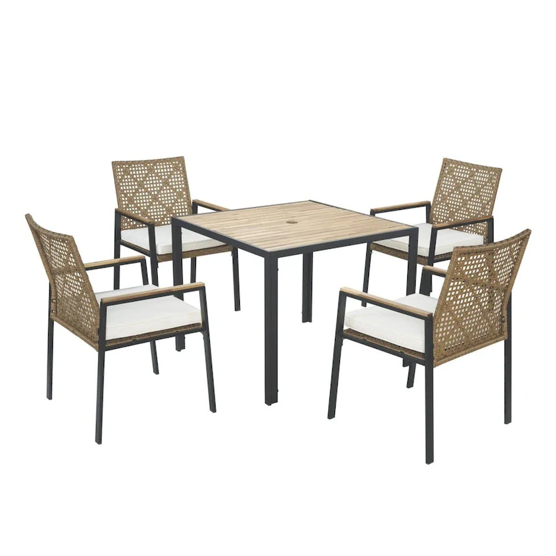 All Weather 5-Piece Patio Dining Set with Umbrella Hole and Acacia Wood Table Top
