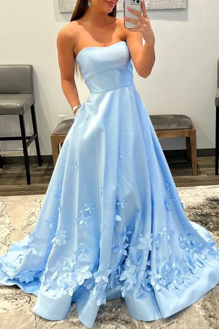 3D Flower Sky Blue Strapless A-Line Prom Dress
