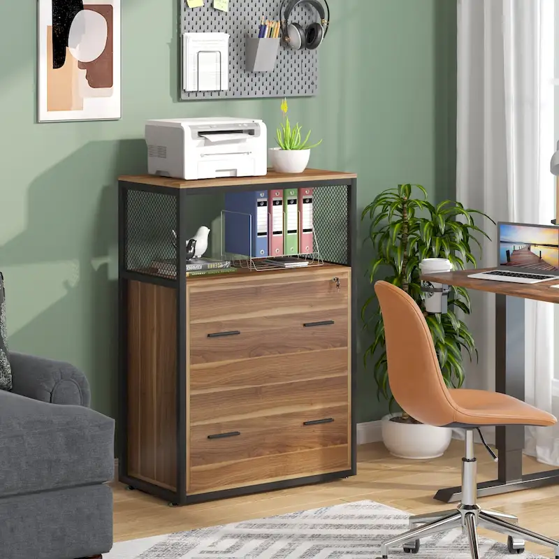 Walnut Black 2-Drawer Lateral File Cabinet with Open Shelves