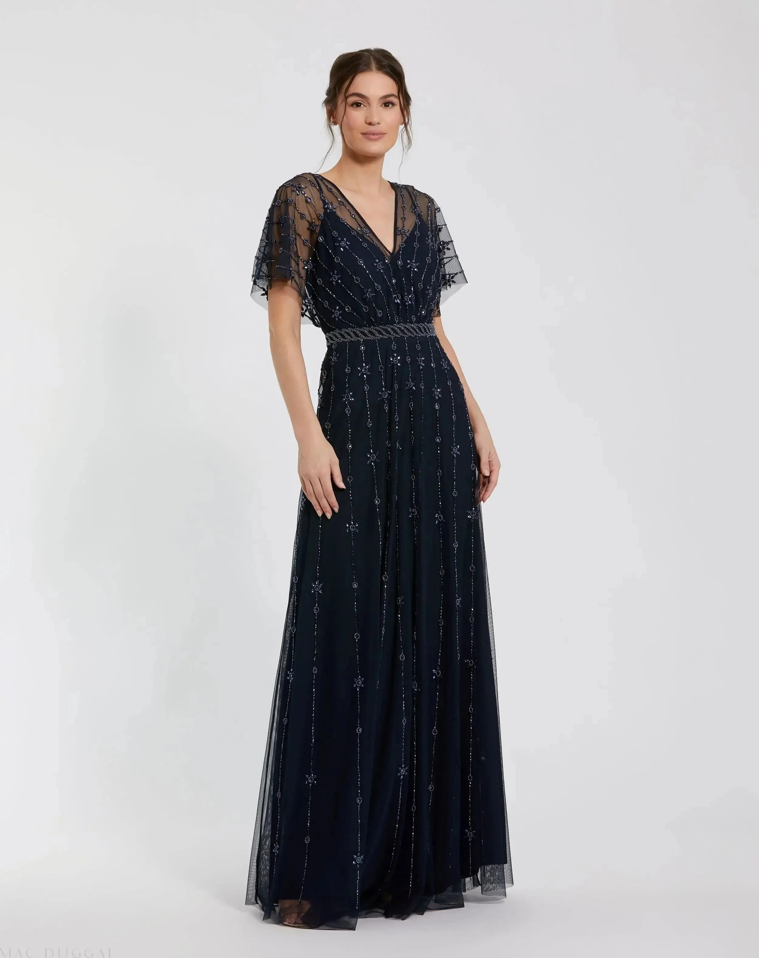 Navy V Neck Embellished Flutter Sleeve A Line Gown