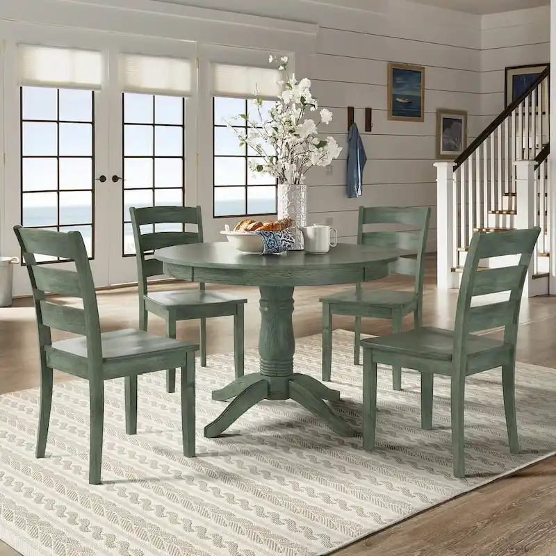 Wilmington II Round Pedestal Base Antique Sage Green 5-Piece Dining Set by iNSPIRE Q Classic