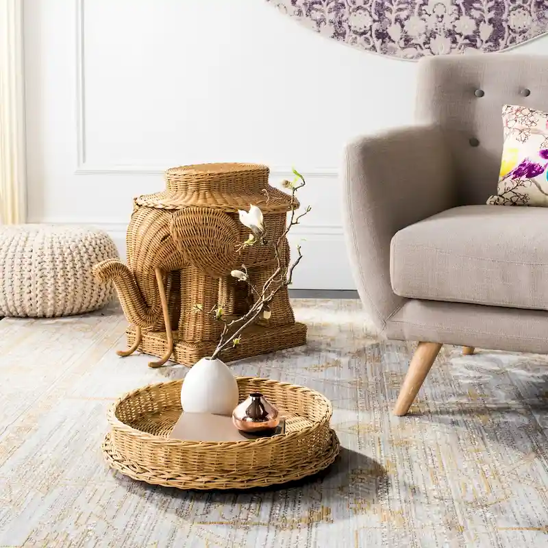 Rattan Elephant Side Table with Built-In Tray – Natural / Grey, Eclectic Style