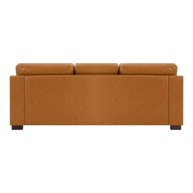 Modern Genuine Leather Sofa with Wooden Legs & Additional Bolster Pillow