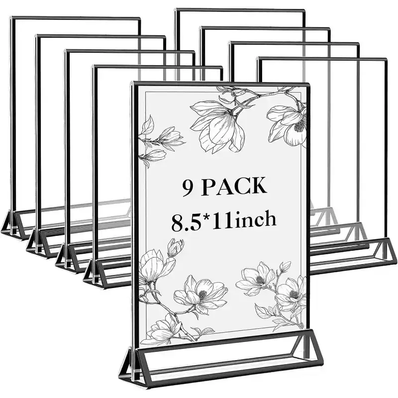 9-Pack 8.5x11 Acrylic Sign Holder, Vertical Tabletop Menu/Flyer Stand w/ Pull-Out Design, Vintage Black, Ideal for Restaurant/Home/Office.