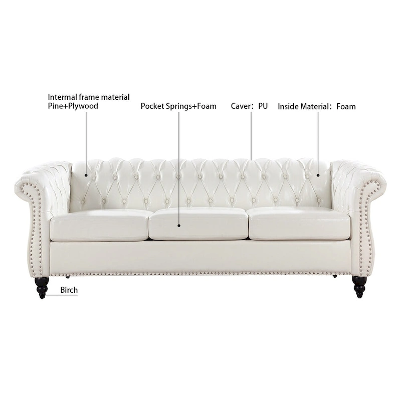 Cream 84.65  Traditional Chesterfield 3 Seater Sofa, PU Leather