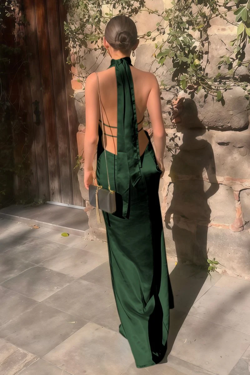 Yellow - Halter Deep V Neck Satin Sheath Backless Long Prom Dresses