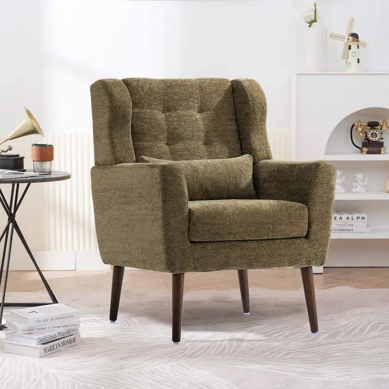 Accent Chair, Button Tufted, Chenille Fabric, Tapered Wood Legs, Olive Green, 1 Person
