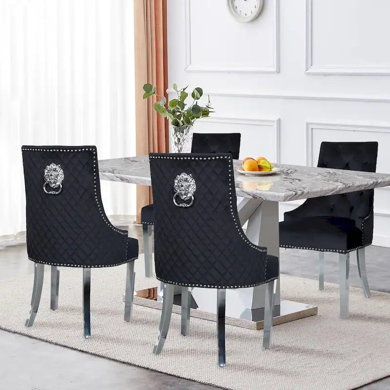 Velvet Dining Chairs Set of 2, Upholstered Tufted Nailhead Dining Room Chairs with Stainless Steel Legs & Lion Head Pull Ring
