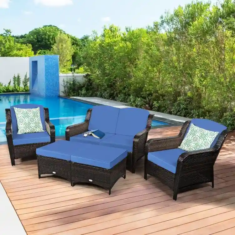 5 Pieces Patio Rattan Sofa Set with Cushion and Ottoman - 51 x 33.5 x 33 (L x W x H)