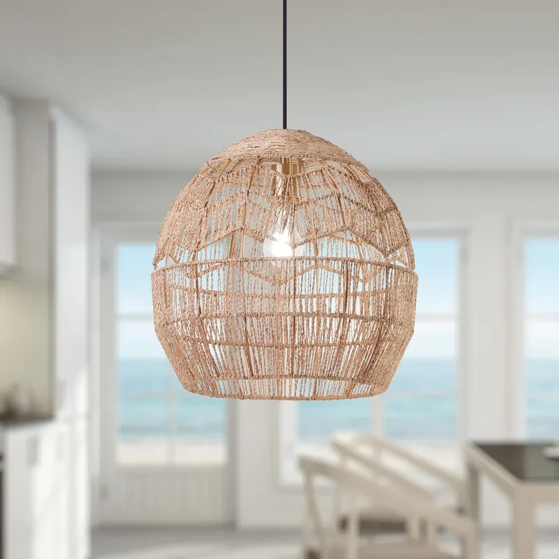 Charlotte River of Goods Metal and Woven Hemp Rope Hanging Pendant Light - 15.5  x 15.5  x 15.75/62.75